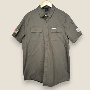 Grunt Style USA Flag Patch Short Sleeve Button Shirt Men XL Olive Green Gun